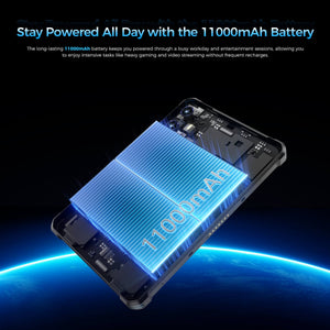 OUKITEL RT3 Plus tablet featuring a long-lasting 11,000mAh battery, designed to power through heavy gaming, video streaming, and intensive tasks without frequent recharges.