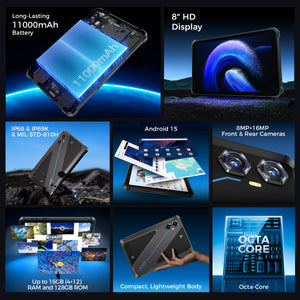 OUKITEL RT3 Plus rugged tablet with 11,000mAh battery, 8-inch HD display, Android 15, IP68/IP69K & MIL-STD-810H protection, 8MP+16MP front and rear cameras, 16GB RAM, and octa-core processor.