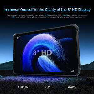 OUKITEL RT3 Plus tablet featuring an 8-inch HD display with a 14.4:9 aspect ratio and 87.8% screen-to-body ratio, delivering stunning visuals for an immersive viewing experience.