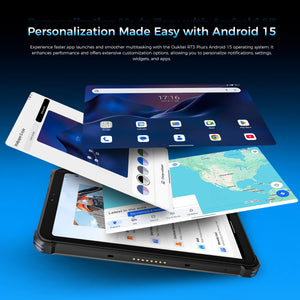 OUKITEL RT3 Plus tablet with Android 15, offering faster app launches, smoother multitasking, and extensive personalization options for settings, widgets, and notifications. Enhance your user experience with customizable features.