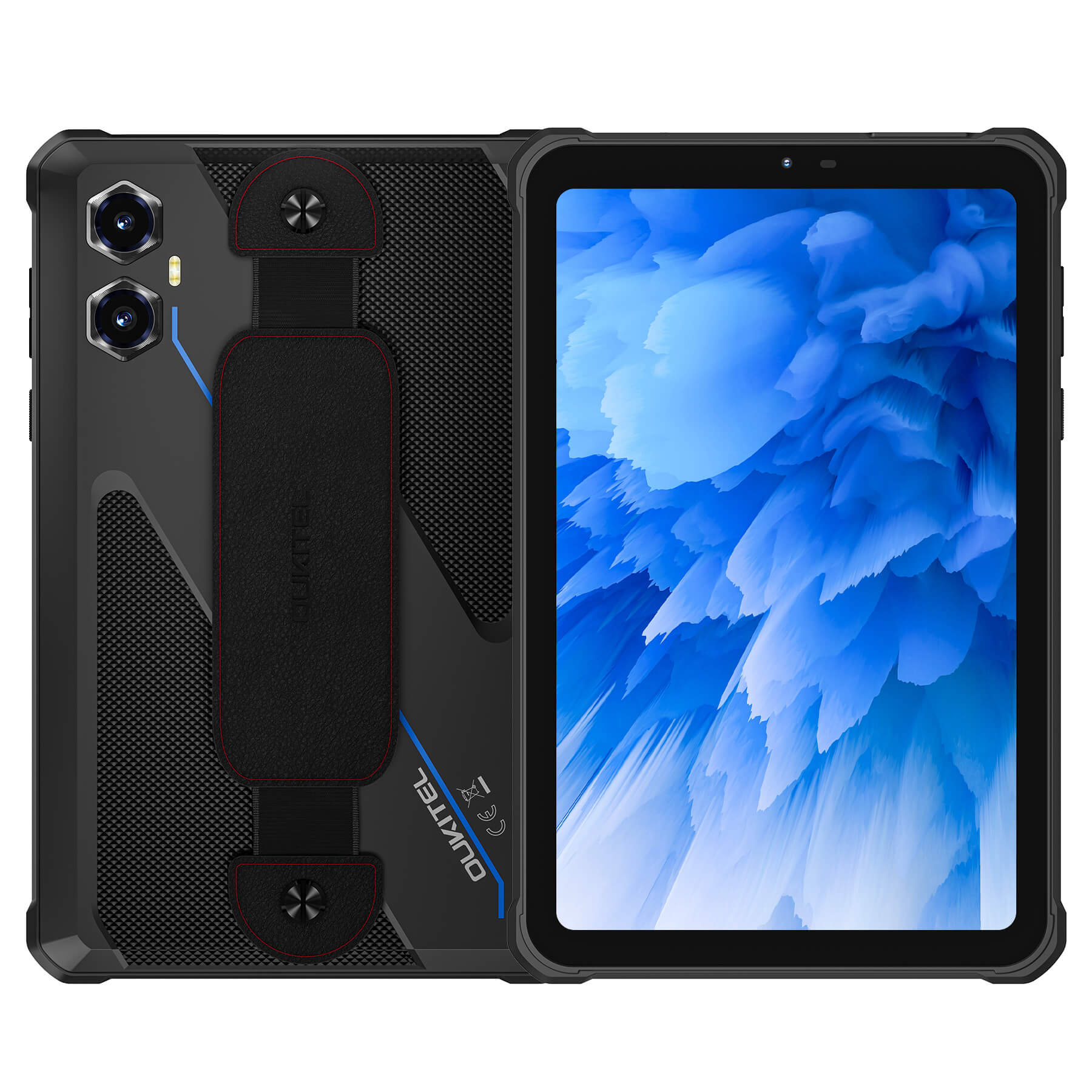 OUKITEL RT3 Plus tablet in blue, displaying the front and back view with a rugged design, dual rear cameras, and an 8-inch HD display for enhanced durability and performance in challenging environments.