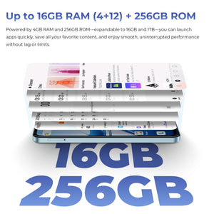 OUKITEL C5 smartphone with up to 16GB RAM (4GB+12GB) and 256GB ROM, offering smooth performance and the ability to expand storage up to 1TB, ensuring lag-free app launches and uninterrupted use.