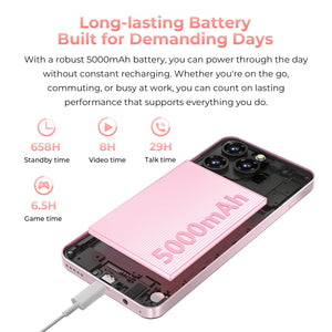 OUKITEL C3 smartphone with 5000mAh battery offering 658 hours standby, 8 hours video, 29 hours talk, and 6.5 hours gaming.