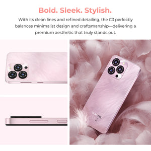 OUKITEL C3 smartphone with a sleek, minimalist design in pink, featuring a refined finish and triple camera setup.