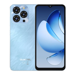 Oukitel C3 smartphone in blue, featuring a sleek design with a triple-camera setup on the back and a vibrant display on the front, offering a modern and stylish look.