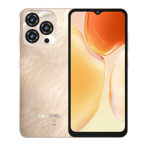 Oukitel C3 smartphone in gold, showcasing its elegant design with a triple-camera setup on the back and a full display front, offering a sleek and modern look.