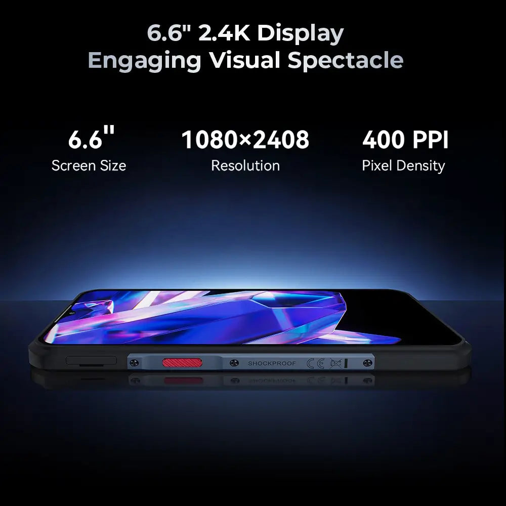 Oukitel WP35 Pro 5G rugged phone with 6.6-inch 2.4K display for vibrant colors and crisp details, ideal for gaming, videos, and browsing