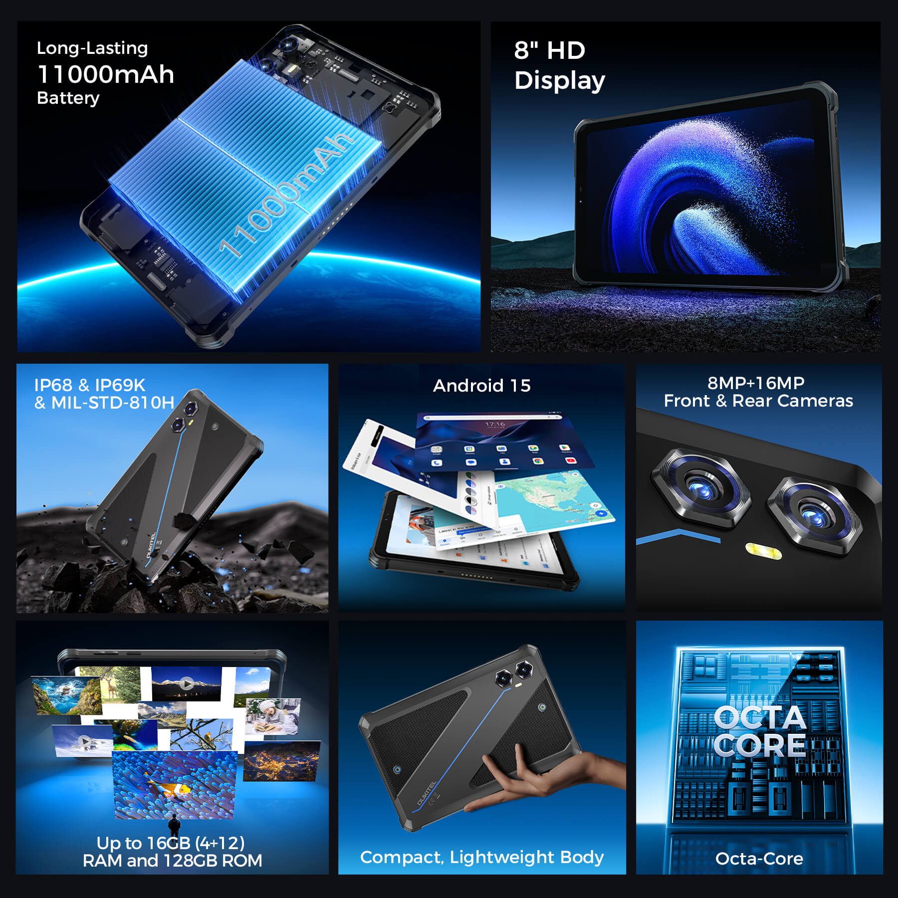OUKITEL RT3 Plus rugged tablet with 11,000mAh battery, 8-inch HD display, Android 15, IP68/IP69K & MIL-STD-810H protection, 8MP+16MP front and rear cameras, 16GB RAM, and octa-core processor.