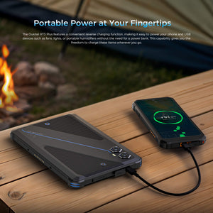 OUKITEL RT3 Plus tablet with reverse charging capability, allowing you to power phones, USB devices, and other gadgets without a power bank, providing portable power for outdoor and emergency use.