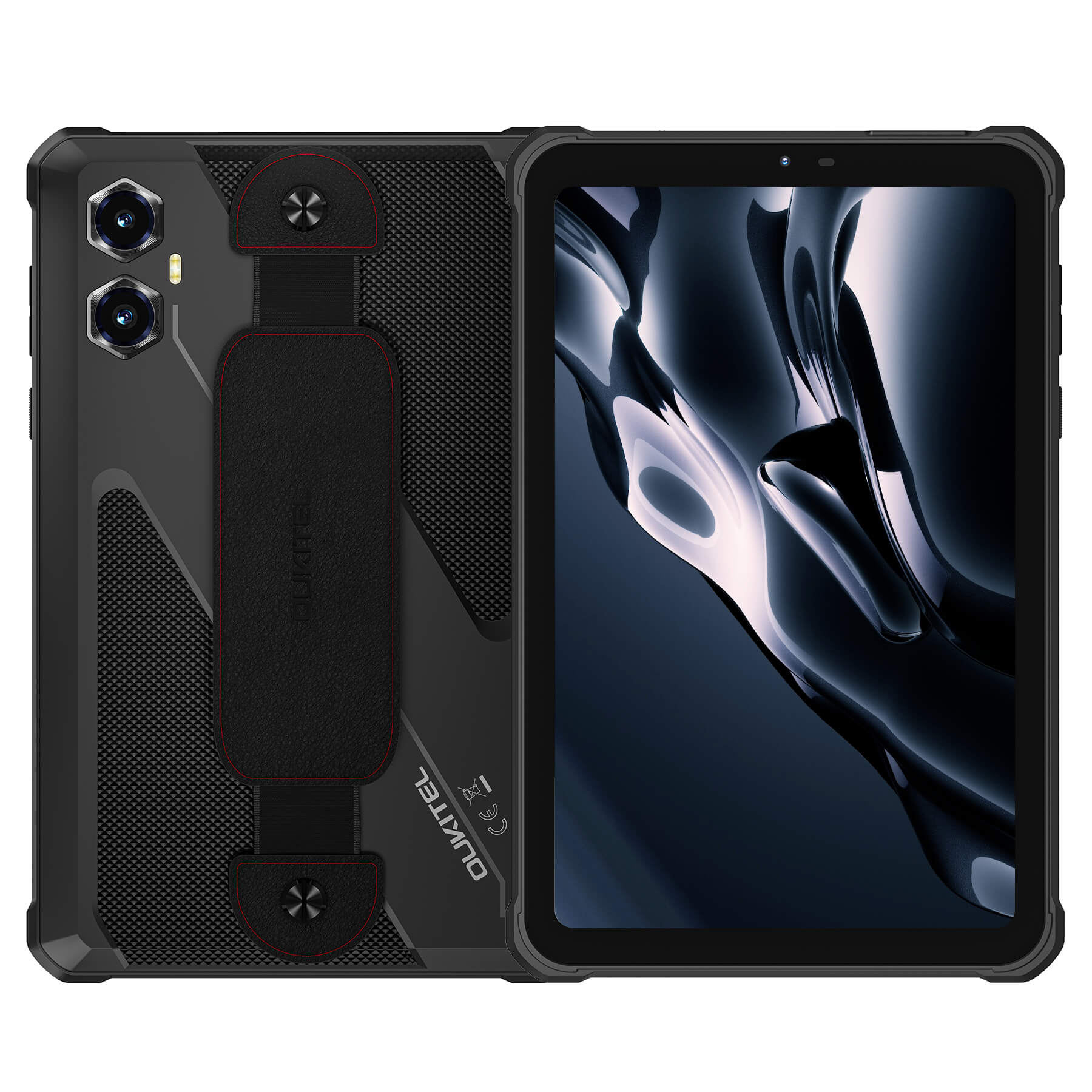 OUKITEL RT3 Plus tablet in black, showcasing the front and back view with dual rear cameras, rugged design, and durable construction for tough environments.