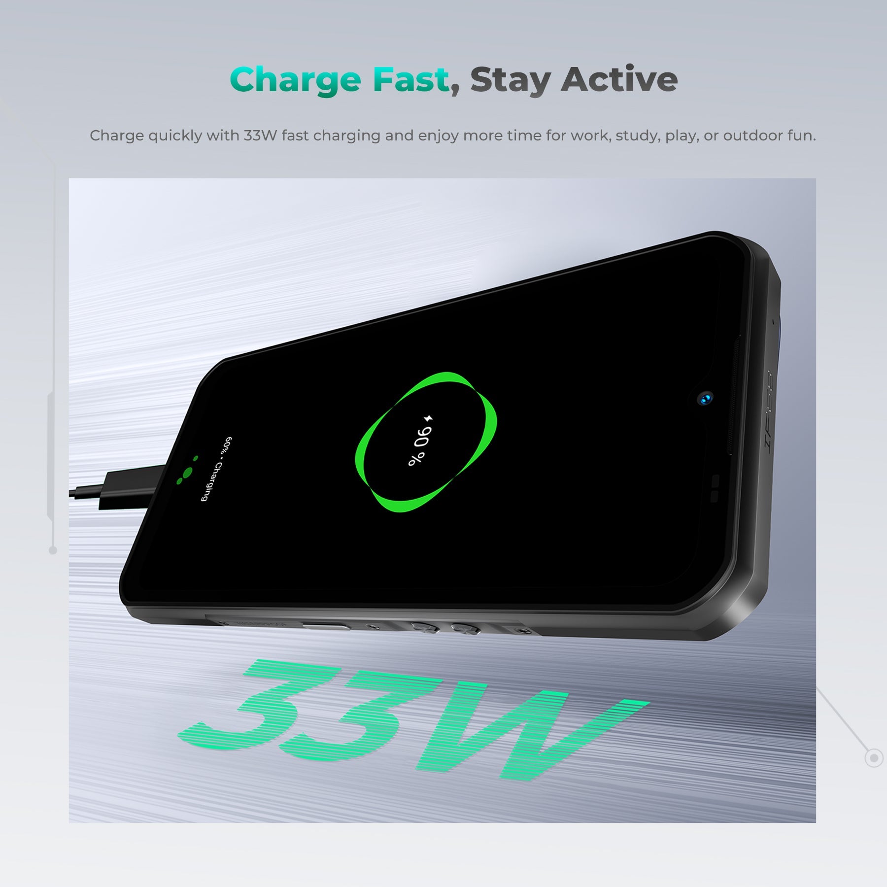 OUKITEL WP62 rugged smartphone charging with 33W fast charging technology. The phone shows a 60% charge indicator, highlighting its quick charging capability to keep users active for work, play, or outdoor adventures.