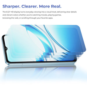 OUKITEL C5 smartphone featuring a 6.52-inch HD display, providing sharp, clear visuals with vibrant colors for an enhanced viewing experience while watching movies, playing games, or browsing apps.