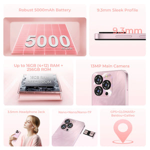 OUKITEL C3 smartphone featuring a 5000mAh battery, 16GB RAM, 13MP main camera, 3.5mm headphone jack, and support for NanoSIM and TF cards. It also includes GPS, GLONASS, Beidou, and Galileo for accurate navigation.