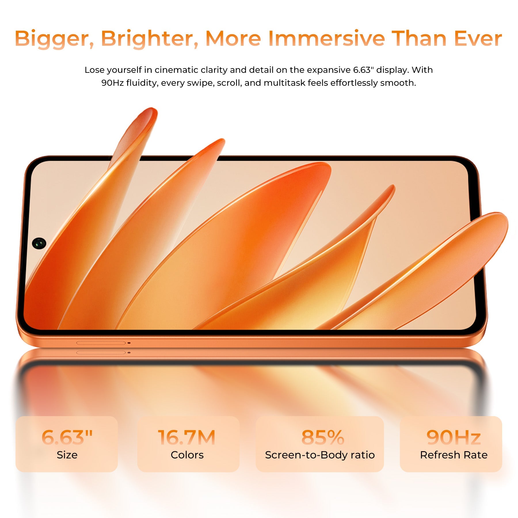 OUKITEL C26 features a 6.63" display with 90Hz refresh rate, 85% screen-to-body ratio, and 16.7 million colors for an immersive and smooth viewing experience.