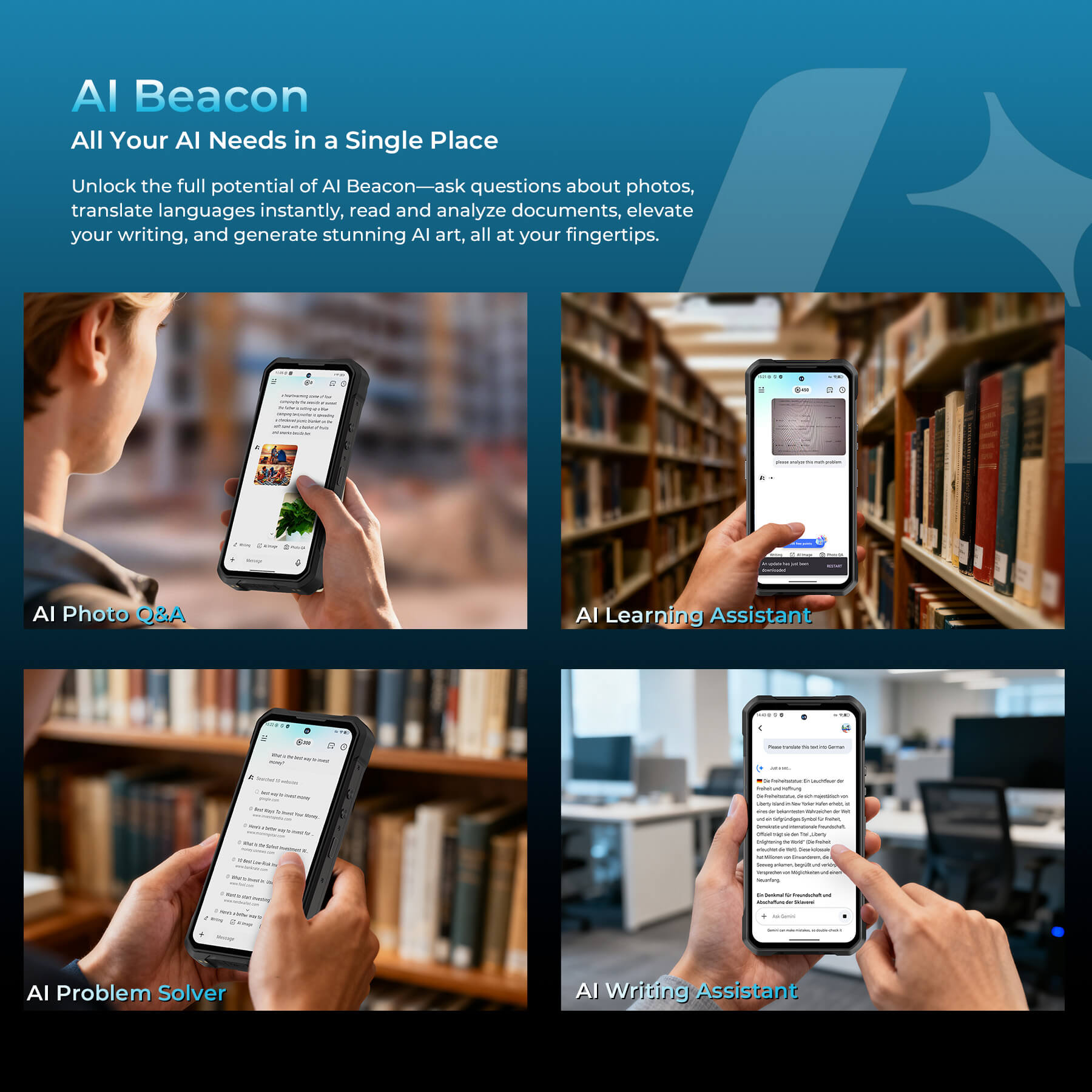 WP61 Rugged Phone featuring AIBeacon with all your AI needs in a single place—ask questions about photos, translate languages, analyze documents, elevate writing, and generate stunning AI art with AI Photo Q&A, Learning Assistant, Problem Solver, and Writing Assistant.